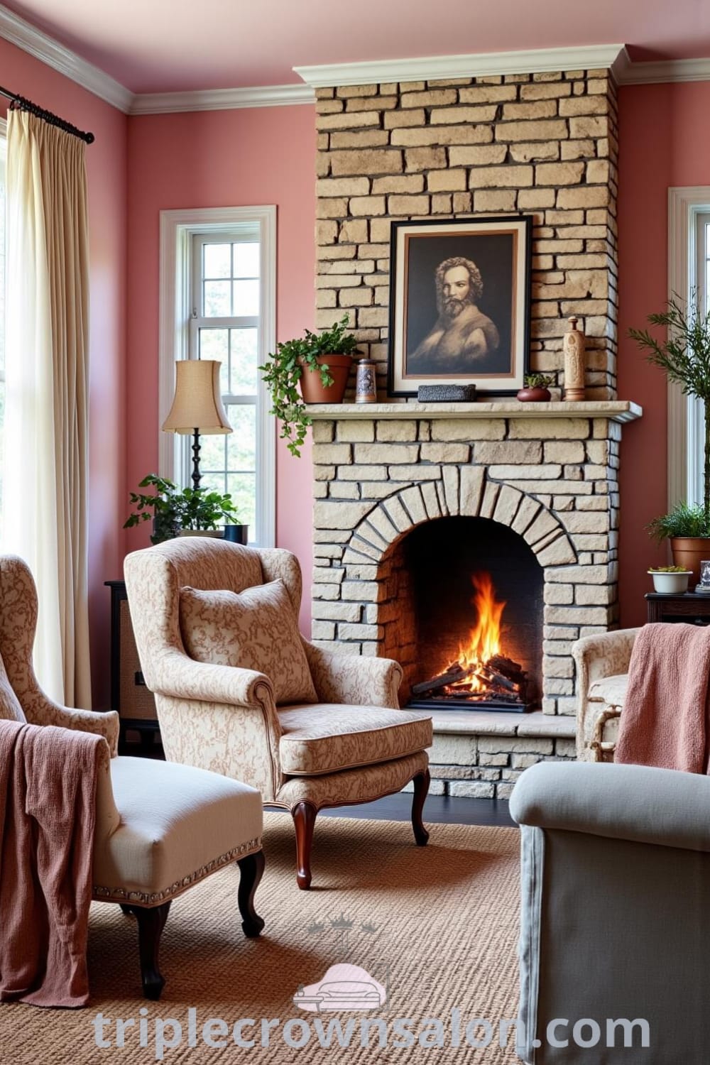Cozy rustic living room with soft pink walls, weathered wooden furniture, plush seating, and a stone fireplace, creating an inviting atmosphere with unique decor ideas for your home, featured on fireplacesandwoodstoves.com.