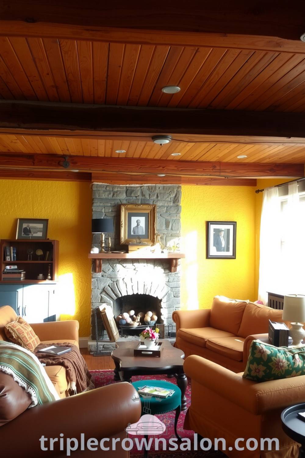 Cozy living room with a warm yellow palette, handhewn wooden beams, mismatched sofas, stone fireplace with trinkets, and sheer curtains creating a peaceful atmosphere, featuring cozy ideas and decor inspirations for your home at triplecrownsalon.com.