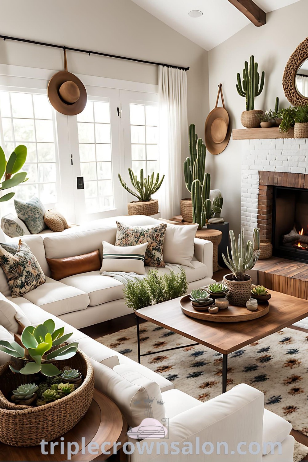 A cozy living room filled with furniture, plants, and a fireplace mantel, showcasing desert boho decor ideas. The inviting atmosphere features vibrant Mexican home decor, perfect for small spaces and apartments. Explore more design inspirations at triplecrownsalon.com.