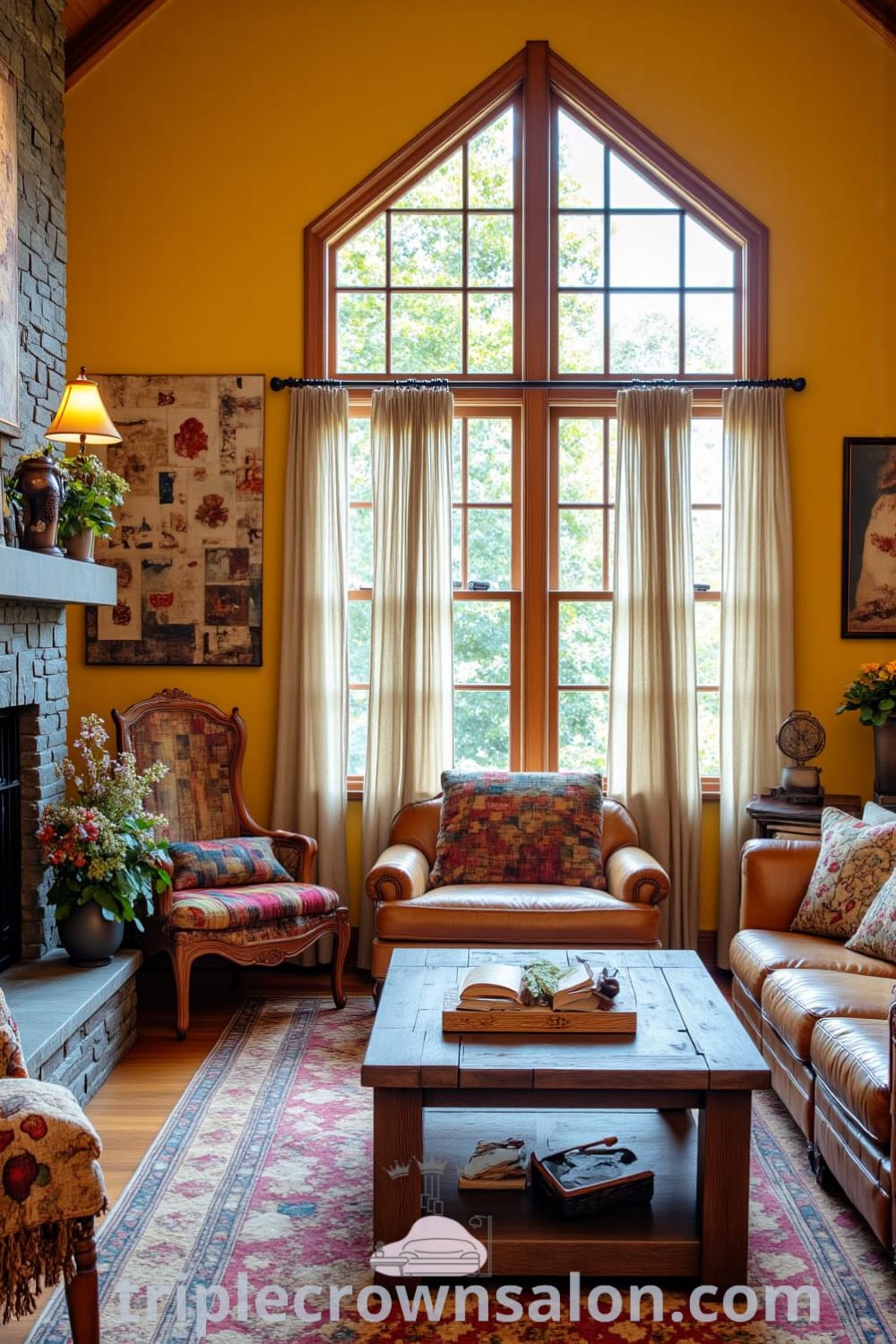 Cozy living room with warm yellow walls, a well-worn leather sofa, and a reclaimed wooden coffee table, enveloped in natural sunlight, featuring handmade quilts and vintage decor, perfect for designing a cozy home, with inspirations from fireplacesandwoodstoves.com.