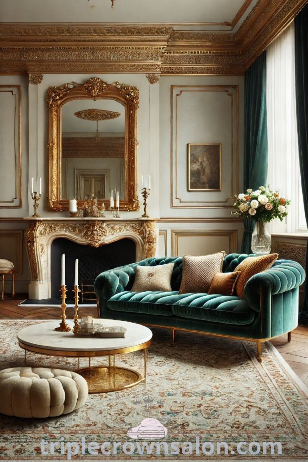 An elegant living room showcasing green velvet couches surrounded by colorful vintage decor, art deco influences, and gold accents. This inspiring space offers unique ideas for cozy homes and decor inspirations. Discover more design ideas at triplecrownsalon.com.