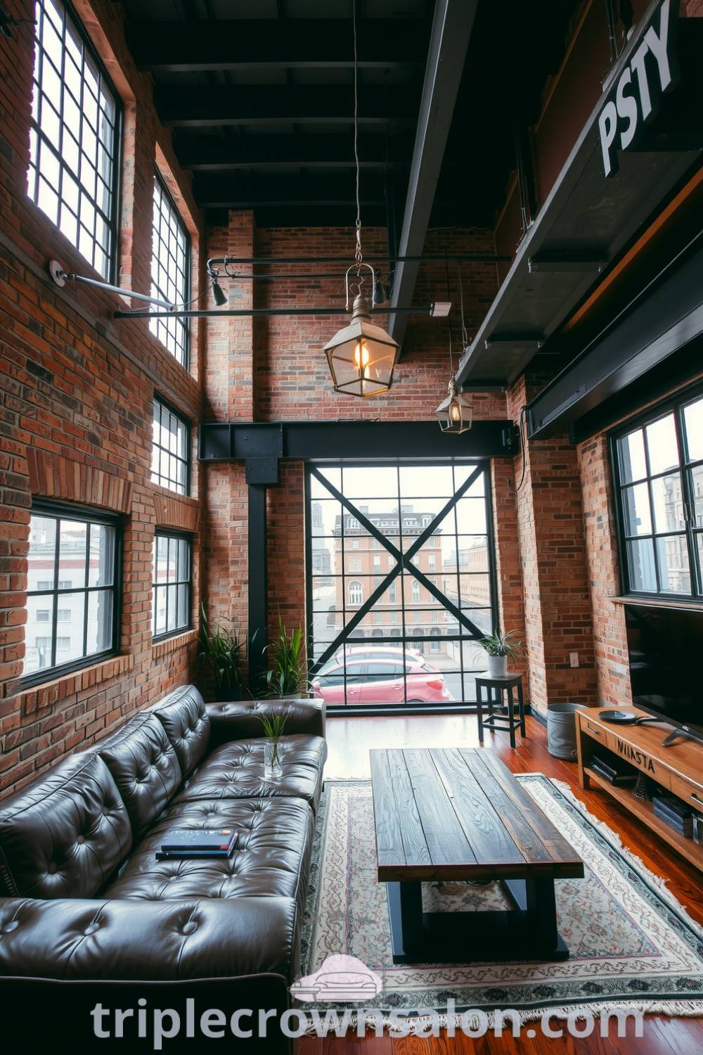 Cozy industrial living room with exposed brick walls, metal beams, plush leather sofa, reclaimed wood coffee table, and vintage light fixtures, embodying unique decor ideas and inspirations for cozy home design at triplecrownsalon.com.