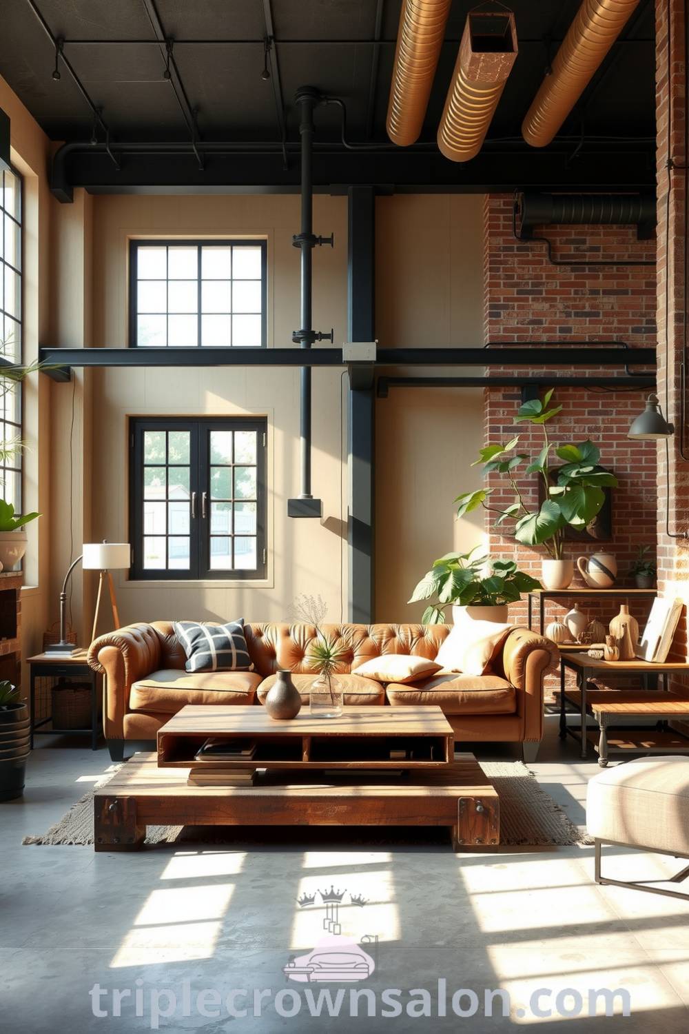 Cozy industrial living room featuring beige walls, distressed leather sofa, rustic wooden furniture, exposed brick accents, large industrial windows, and potted plants, offering unique decor ideas and inspirations for creating a cozy home at triplecrownsalon.com.