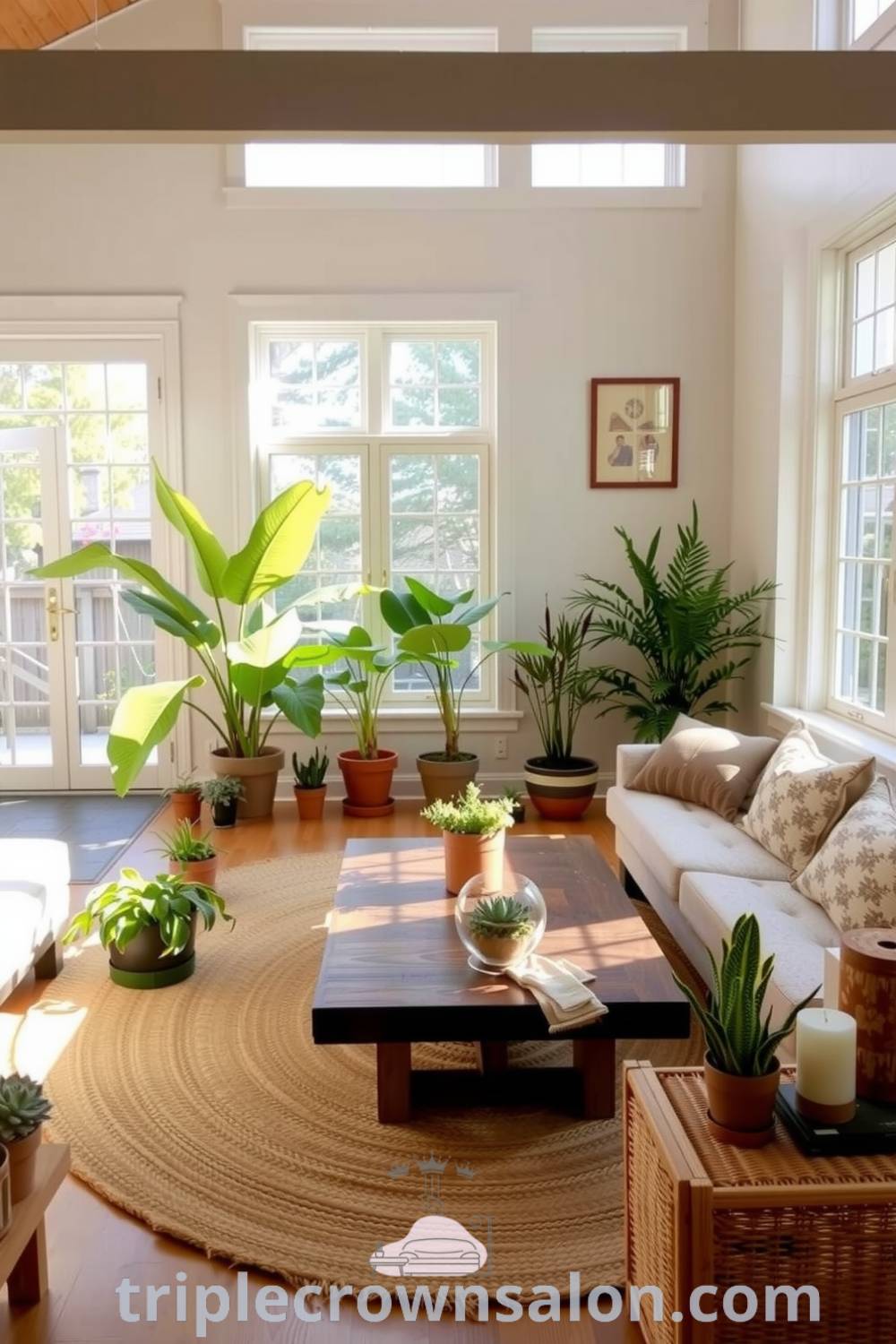 Bright and airy nature-inspired living room with large windows, soft earthy-toned walls, jute rug, reclaimed wood coffee table, vibrant potted plants, and soft cushions, creating a cozy and inviting atmosphere perfect for relaxation. Visit triplecrownsalon.com for inspiring decor ideas and tips.