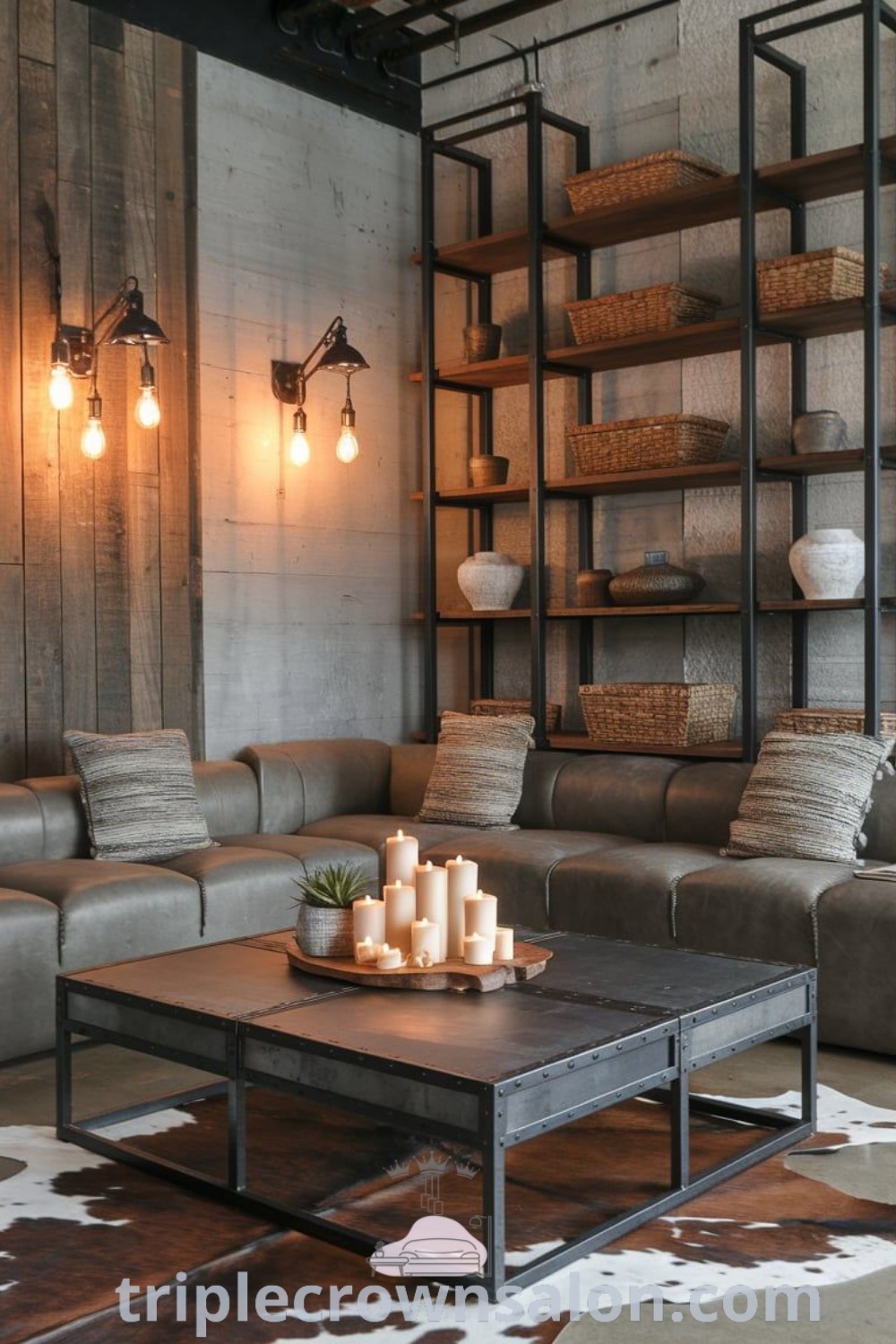 A stylish industrial living room featuring rustic modern decor, unique room decor pieces, and cozy aesthetics. This inviting space showcases industrial style apartment ideas, combining functionality with design inspirations for your home. Explore more decor ideas at triplecrownsalon.com.