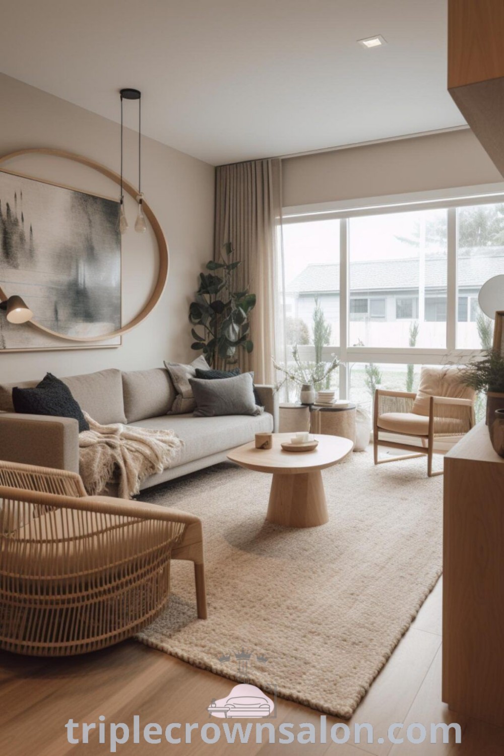 A clean and stylish Japandi living room featuring refined furniture and natural materials that create a cozy aesthetic. This serene space serves as an inspiring example of Japandi interiors, offering unique ideas for your home. Explore decor ideas for small spaces at triplecrownsalon.com.