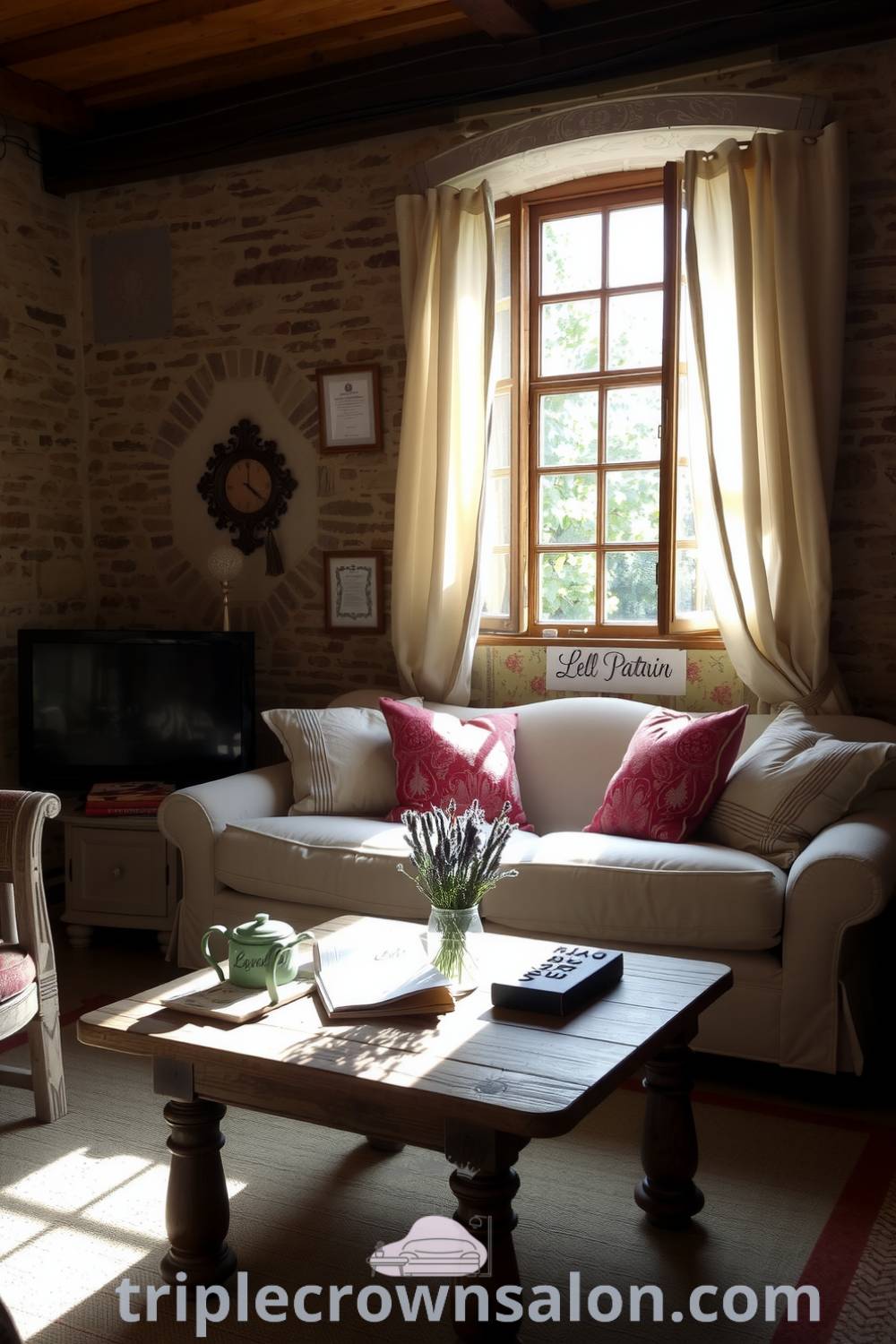 Warm and inviting French living room with rustic stone walls, exposed wooden beams, a plush faded sofa with mismatched pillows, a vintage armchair, and a wooden coffee table with fresh lavender, showcasing cozy decor ideas for a comforting home ambiance at triplecrownsalon.com.
