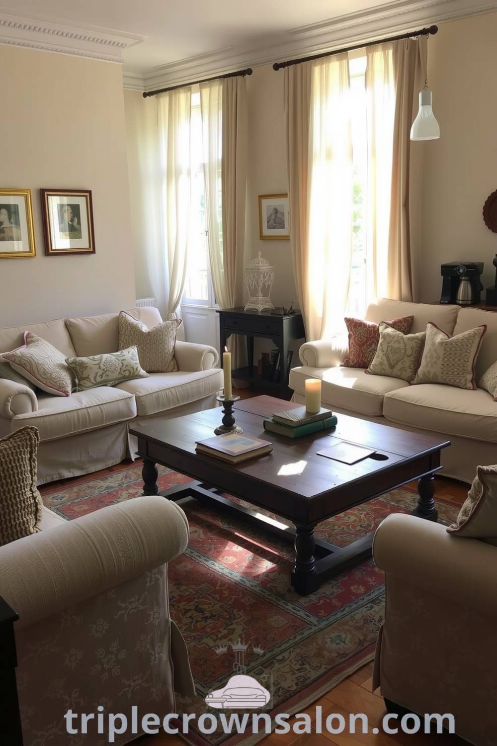 Cozy French living room with cream walls, plush furniture, a weathered wooden coffee table with books and a candle, sunlight filtering through sheer curtains, and a vintage rug, illustrating cozy home decor ideas at triplecrownsalon.com.