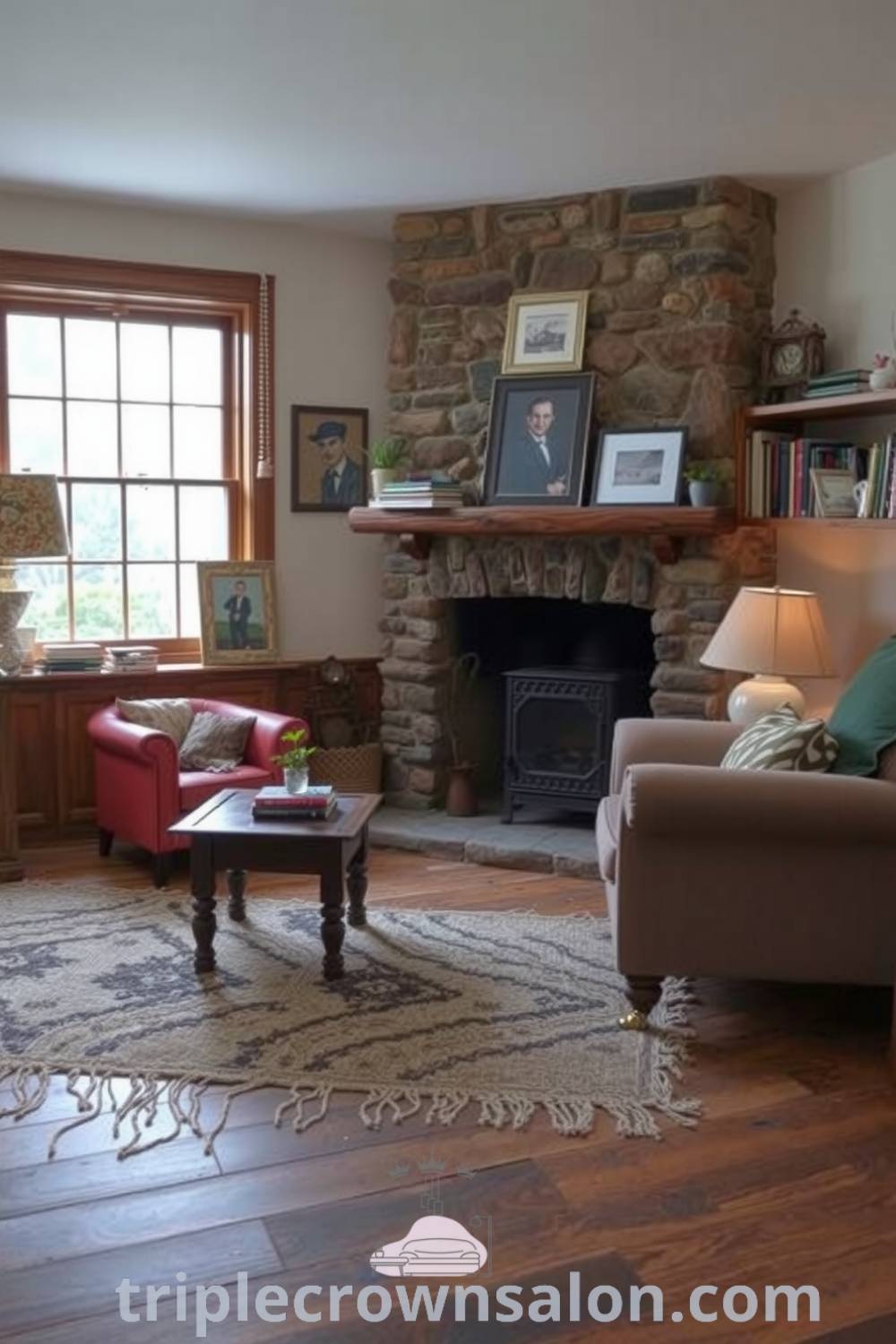 Cozy farmhouse living room with wooden floorboards, soft light from grid windows, a woolen rug, a plush armchair, and a stone fireplace, complemented by shelves of well-read books and knick-knacks, offering cozy ideas and inspiring decor ideas for small spaces at triplecrownsalon.com.