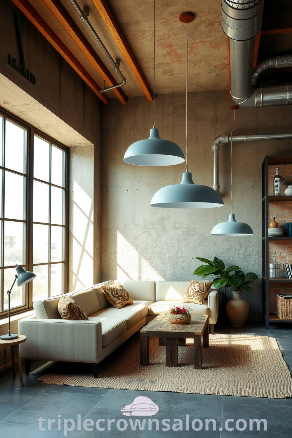 Industrial living room with concrete walls, grey metal light fixtures, a plush faded sofa, reclaimed wooden coffee table, large windows, woven rug, and exposed pipes, showcasing cozy ideas and decor inspirations for your home. Visit triplecrownsalon.com for more design ideas.