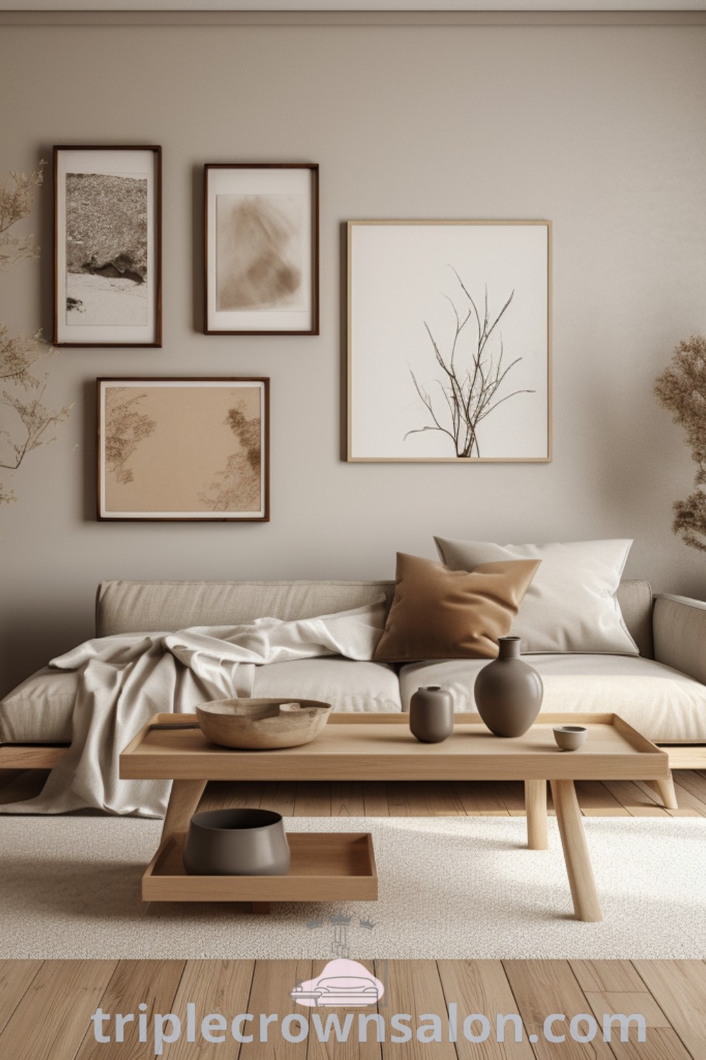 A Japandi living room featuring minimalistic furniture, cozy decor ideas, and pictures on the wall above a coffee table, creating an inviting and inspiring space. This design exemplifies minimalistic home decor trends for apartments and houses. Discover more decor ideas at triplecrownsalon.com.