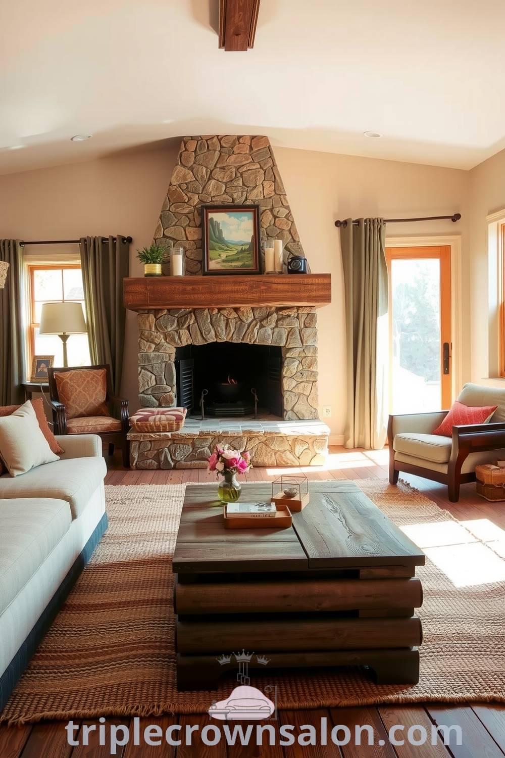 Rustic living room featuring soft beige walls, aged wooden furniture, a large stone fireplace, woven earth-tone rugs, and sunlight streaming through curtained windows, creating a cozy atmosphere, for inspiring decor ideas for small spaces, visit triplecrownsalon.com.