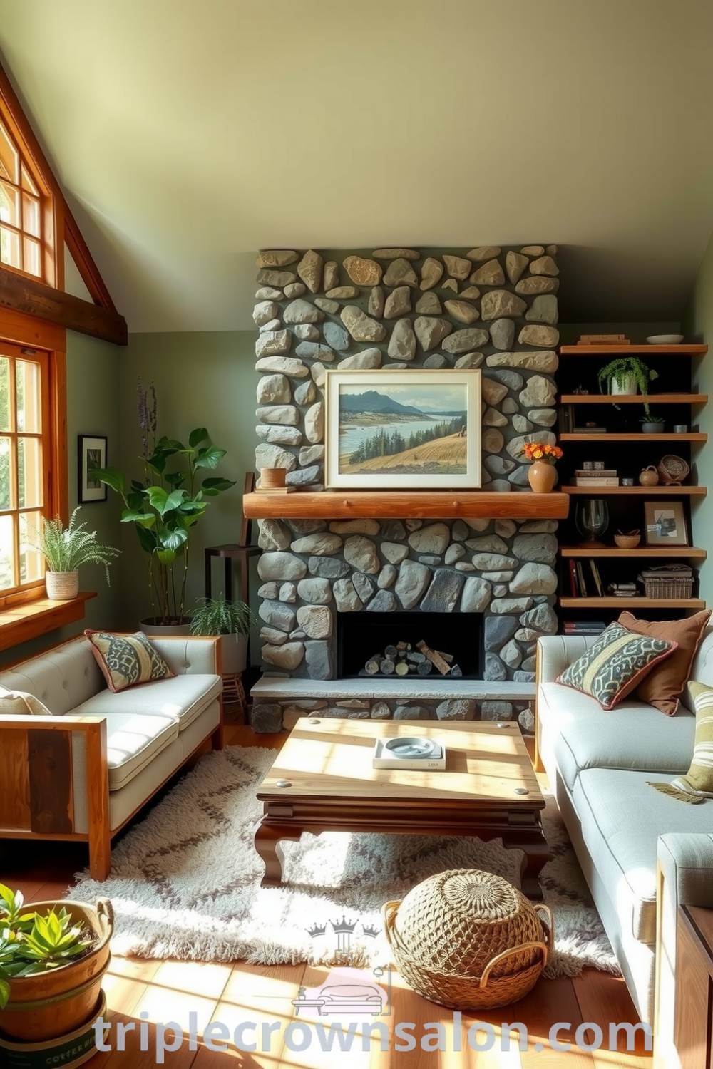 Cozy nature-inspired living room with soft greens and earthy browns, featuring a stone fireplace, weathered wooden furniture, organic cotton rugs, and potted plants, creating a soothing and inviting space. Visit triplecrownsalon.com for more cozy decor ideas and inspirations.