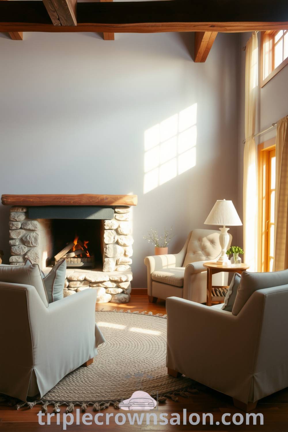 Rustic living room featuring soft grey walls, warm wooden furniture, a large stone fireplace, overstuffed armchairs, and a braided rug on hardwood floors, all illuminated by sunlight through sheer curtains, reflecting cozy ideas and decor inspirations for your home at triplecrownsalon.com.