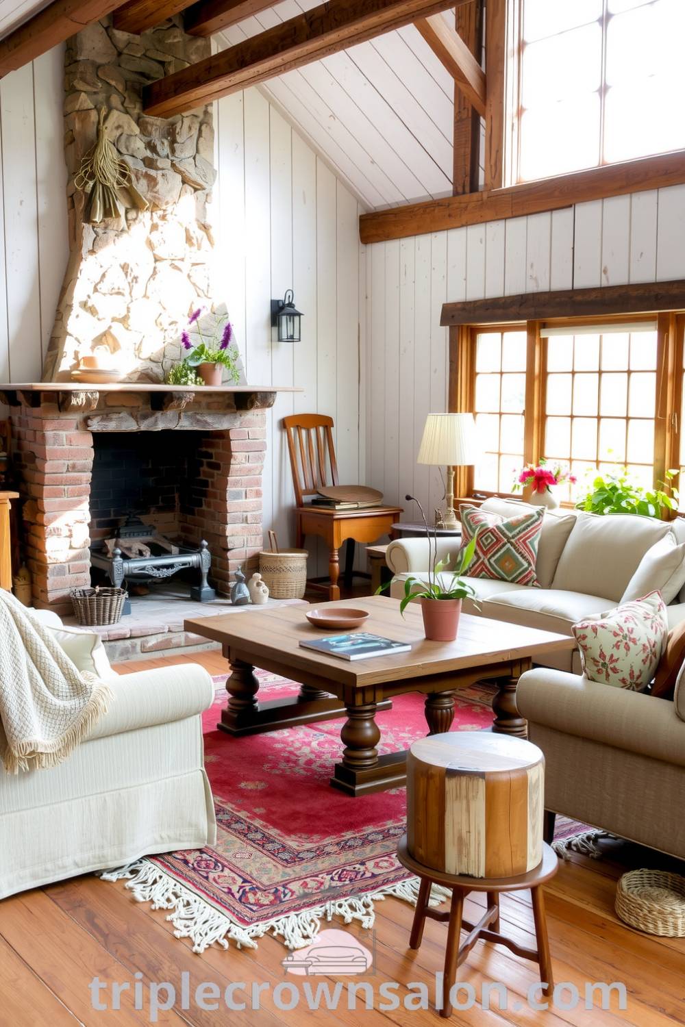 Cozy living room with white-washed wooden walls, mismatched heirloom furniture, a hand-crafted coffee table, a stone fireplace, and plants by the window, providing warm and inviting design ideas for your home, featured on fireplacesandwoodstoves.com.