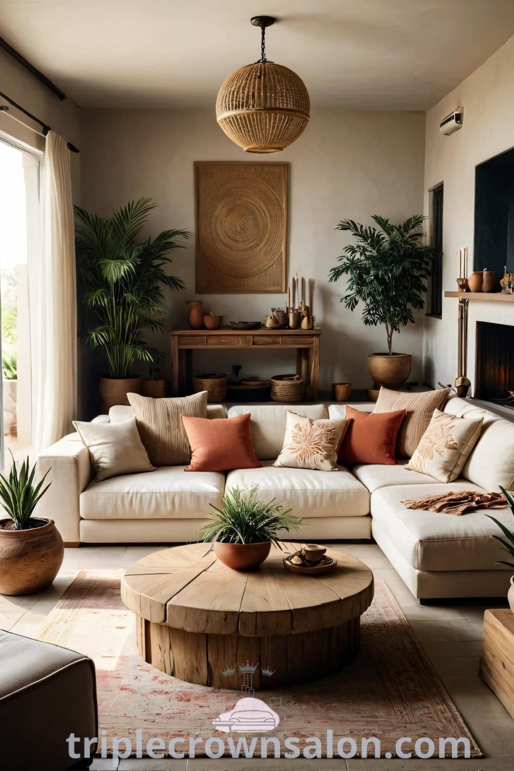 A boho living room filled with stylish furniture, potted plants, and a wooden table, creating an earthy and inviting space. Ideal for decor ideas that mix old and new, this living room reflects cozy aesthetics and design inspirations. Discover more at triplecrownsalon.com.