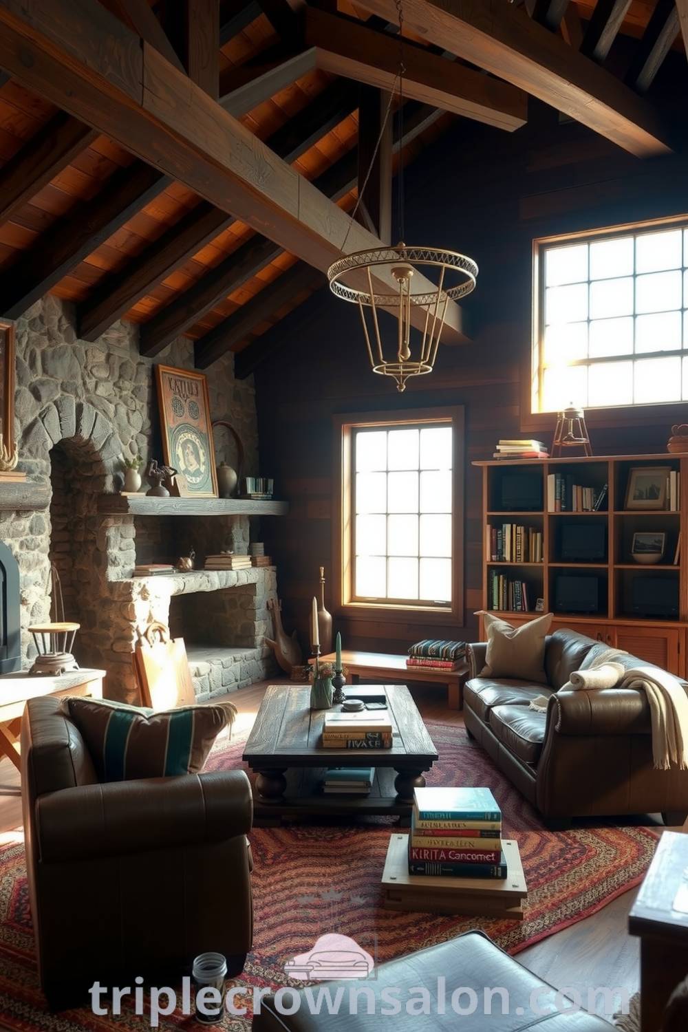 Rustic living room featuring rich brown tones, weathered leather couches, a stone fireplace, and vintage decor, creating a cozy aesthetic. For design ideas and decor inspirations, visit triplecrownsalon.com.