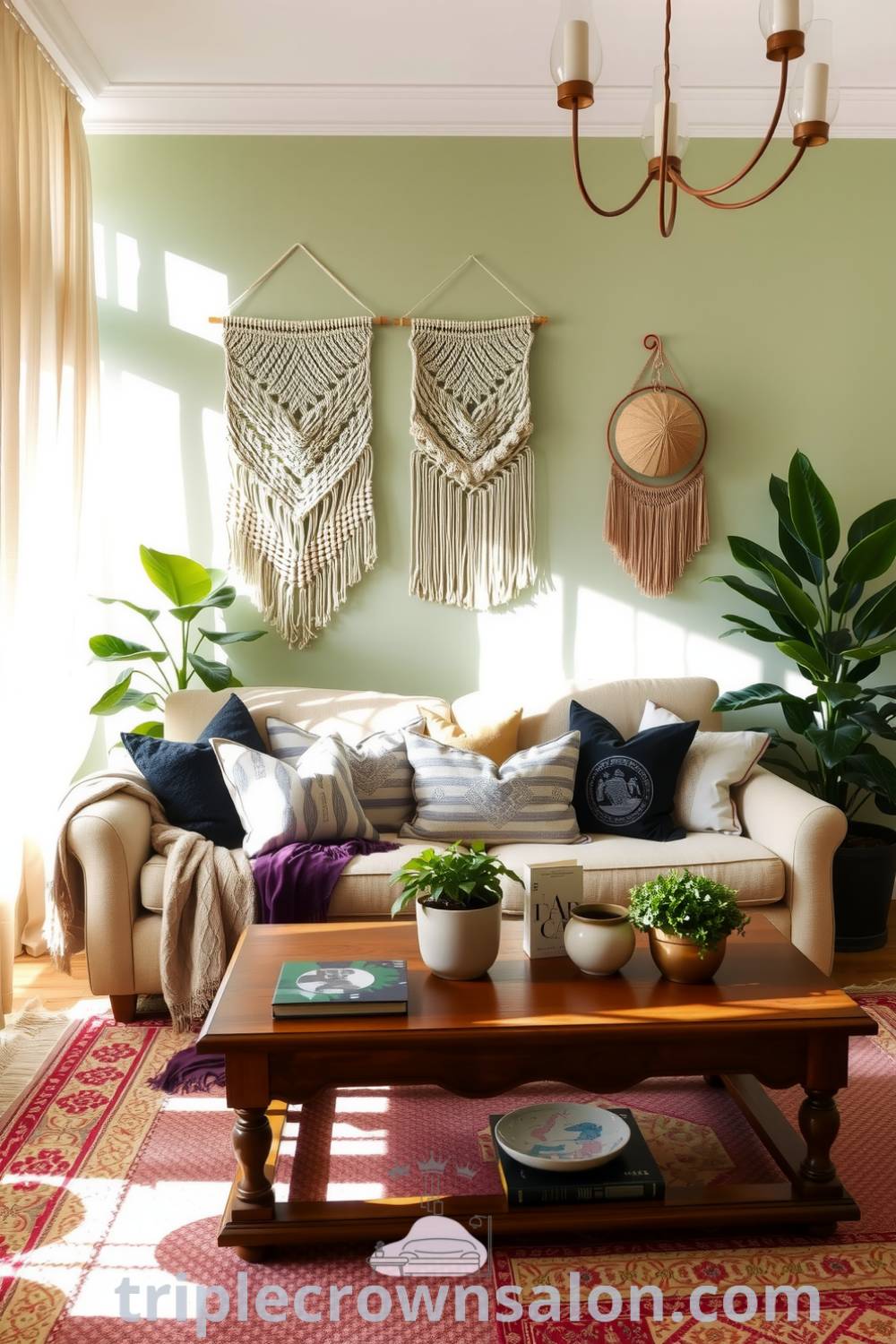 Cozy Boho living room with soft green walls, vintage sofa adorned with layered textiles, macramé wall hangings, eclectic throw pillows, and potted plants, illuminated by natural light filtering through sheer curtains, showcasing unique cozy ideas and decor inspirations for your home on fireplacesandwoodstoves.com.