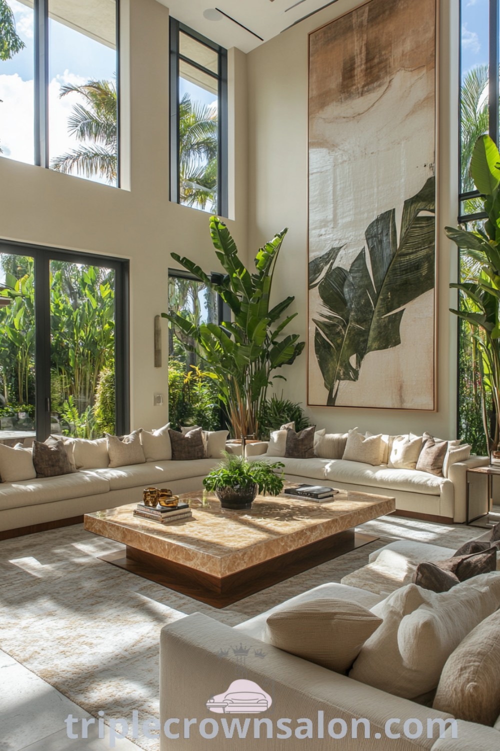 A beautiful tropical modern living room filled with furniture, large windows showcasing outdoor views, and earthy tones that create a cozy atmosphere. This space is designed with inspiring decor ideas for natural modern living, perfect for a condo or celebrity home aesthetic. Explore more design tips at triplecrownsalon.com.