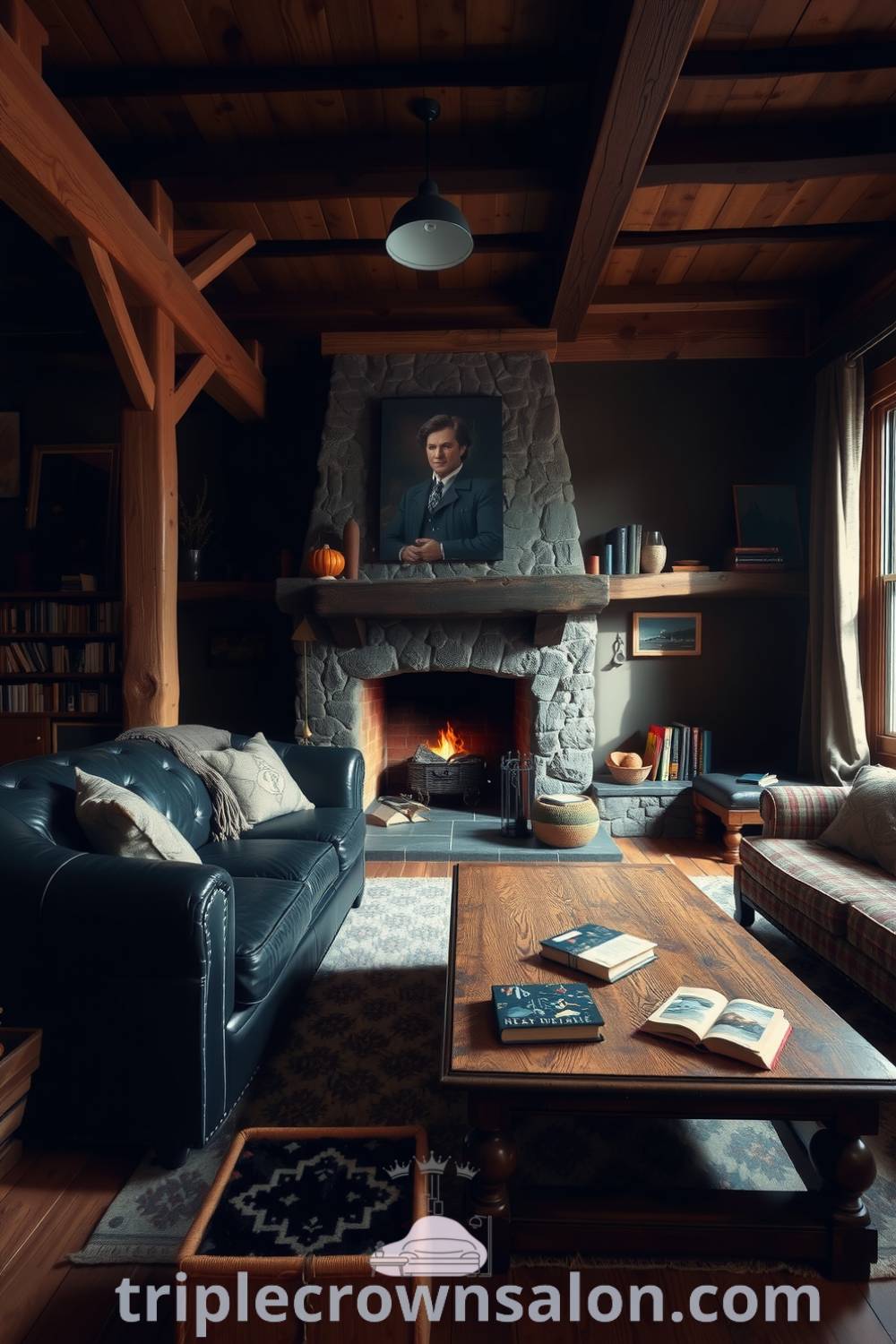 Rustic living room with deep black tones, featuring a worn leather couch, rough-hewn wooden beams, and a stone fireplace, creating a cozy and inviting atmosphere; perfect for home decor ideas from fireplacesandwoodstoves.com.