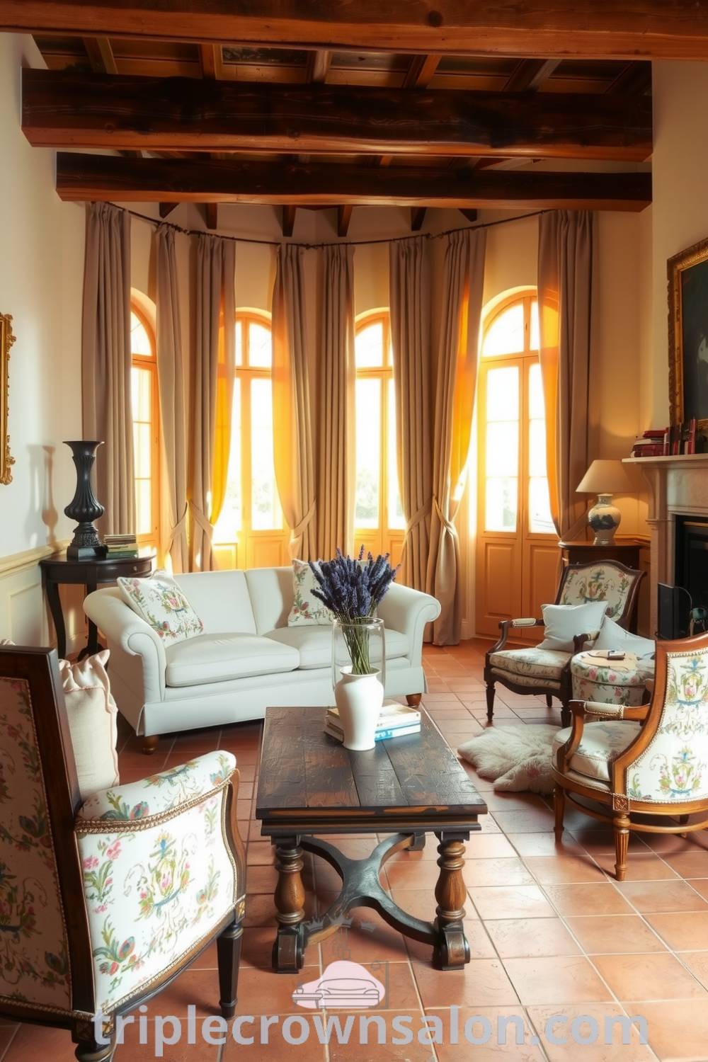 Cozy French living room featuring terracotta tiles, wooden beams, an overstuffed cream sofa, vintage floral armchairs, and a wood coffee table with fresh lavender, showcasing cozy decor ideas for your home, design inspirations, and unique ideas for small spaces at triplecrownsalon.com.