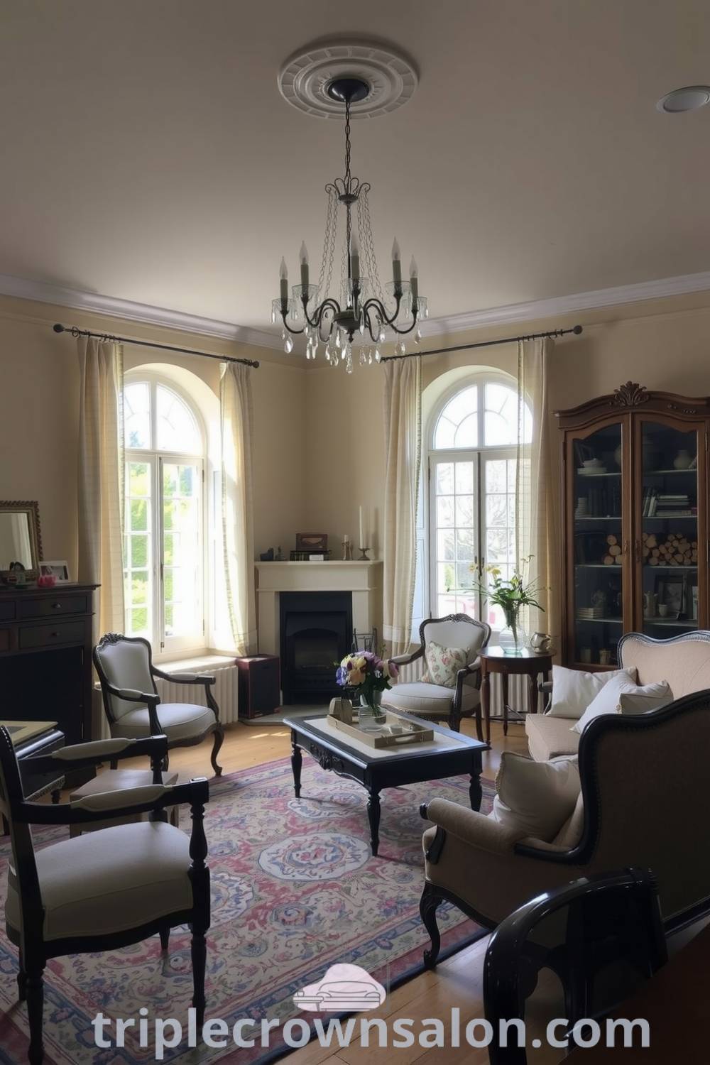 Cozy French living room with beige walls, mismatched vintage furniture, a patterned rug, a fireplace, and fresh flowers on the mantel, showcasing elegant decor ideas for a warm and inviting atmosphere at triplecrownsalon.com.