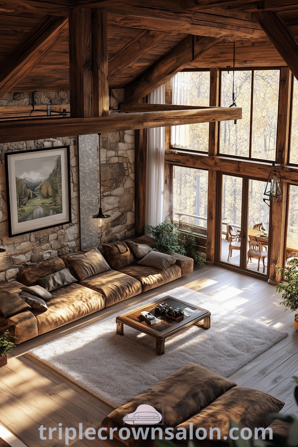 A cozy rustic living room filled with furniture next to a stone wall with windows, showcasing light rustic living room designs and wood interior aesthetics. This inviting space offers unique decor ideas and inspirations for homes, blending comfort and style for the perfect cozy home environment. For more design ideas, visit triplecrownsalon.com.