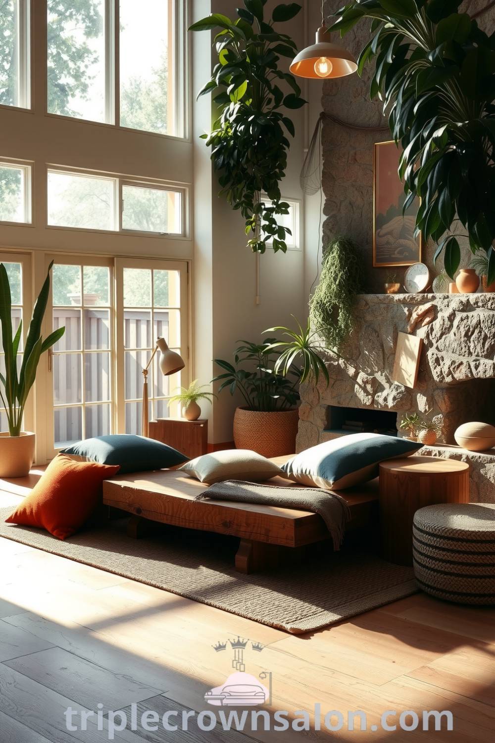 Cozy nature-inspired living room with natural wood flooring, large windows, a woven rug, earthy-toned cushions, lush green plants, and a rustic stone fireplace, showcasing cozy ideas for home decor inspirations at triplecrownsalon.com.