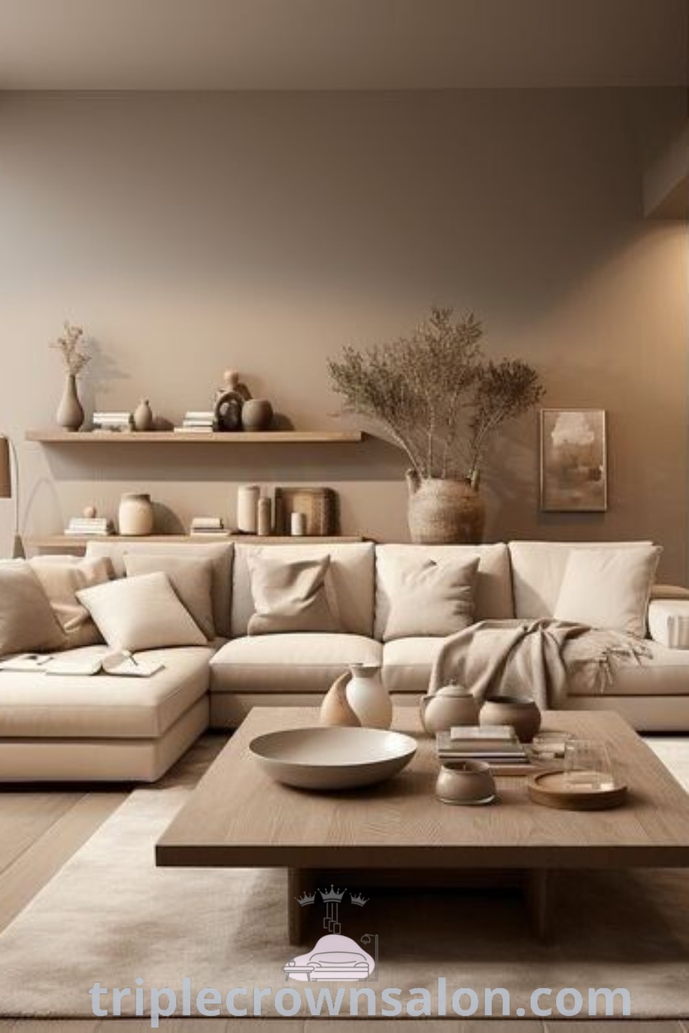A cozy Japandi living room filled with taupe furniture, brightened by large glass windows. This inspiring decor offers unique ideas for living room design and cozy aesthetics, perfect for creating a warm and inviting space. Explore more home decor inspirations at triplecrownsalon.com.
