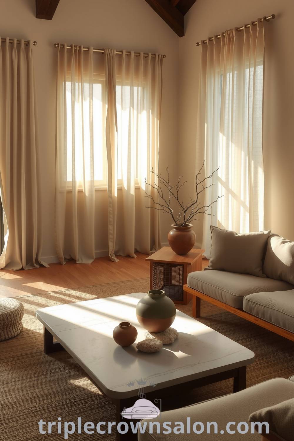 Japandi living room featuring warm beige tones, rich wooden furniture, cool stone accents, a plush low-profile sofa, and handmade pottery on a minimalist coffee table, creating a cozy and serene home decor space. Visit triplecrownsalon.com for unique decor ideas and inspirations.