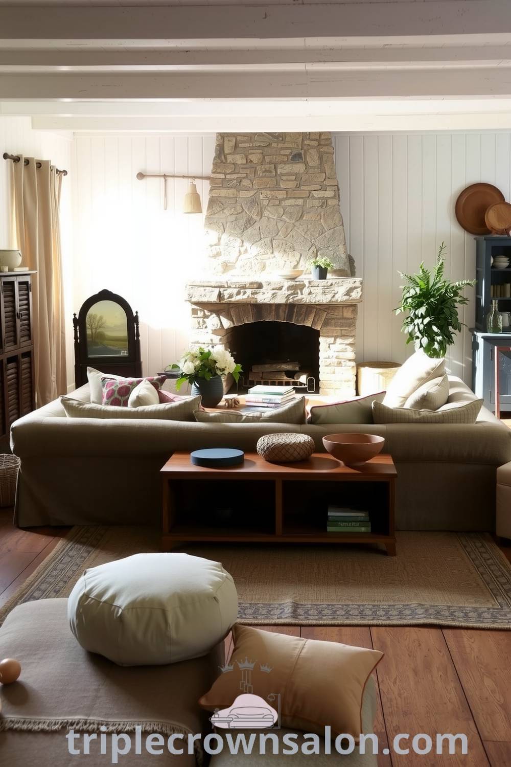 Cozy rustic living room with whitewashed walls, reclaimed wood furniture, a large stone fireplace, and mismatched cushions, showcasing inviting decor ideas for a cozy home at fireplacesandwoodstoves.com.