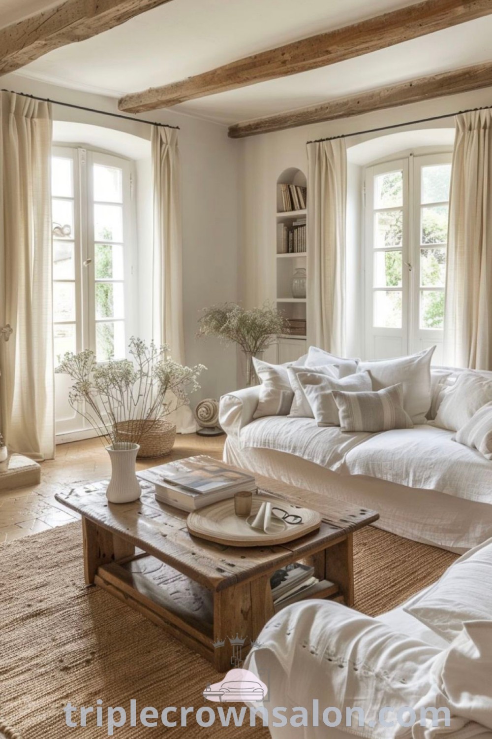 A cozy French cottage living room filled with white furniture, plush pillows, and inviting decor ideas, showcasing a warm and charming atmosphere. This design embodies country interior inspirations perfect for any home. Visit triplecrownsalon.com for more unique ideas and cozy inspirations.