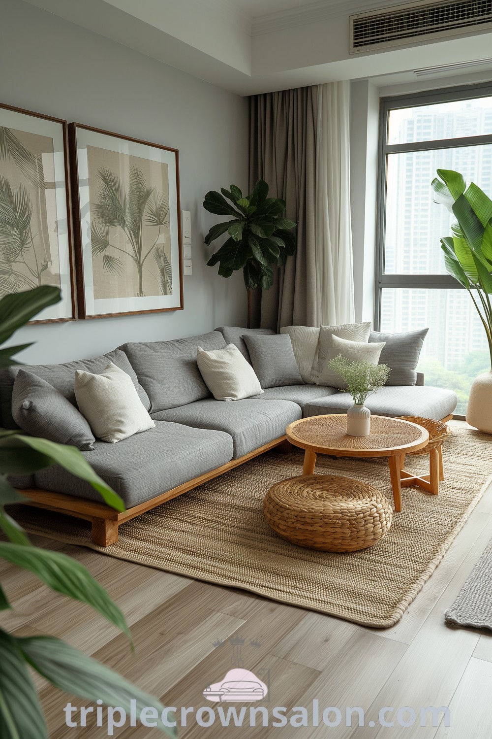 A cozy modern small living room filled with furniture next to a large window and a potted plant, showcasing neutral colors and earthy boho decor inspirations. Perfect for minimalists seeking unique ideas for their home, this space highlights modern small apartment decor. Discover more design ideas at wellnesswink.com.