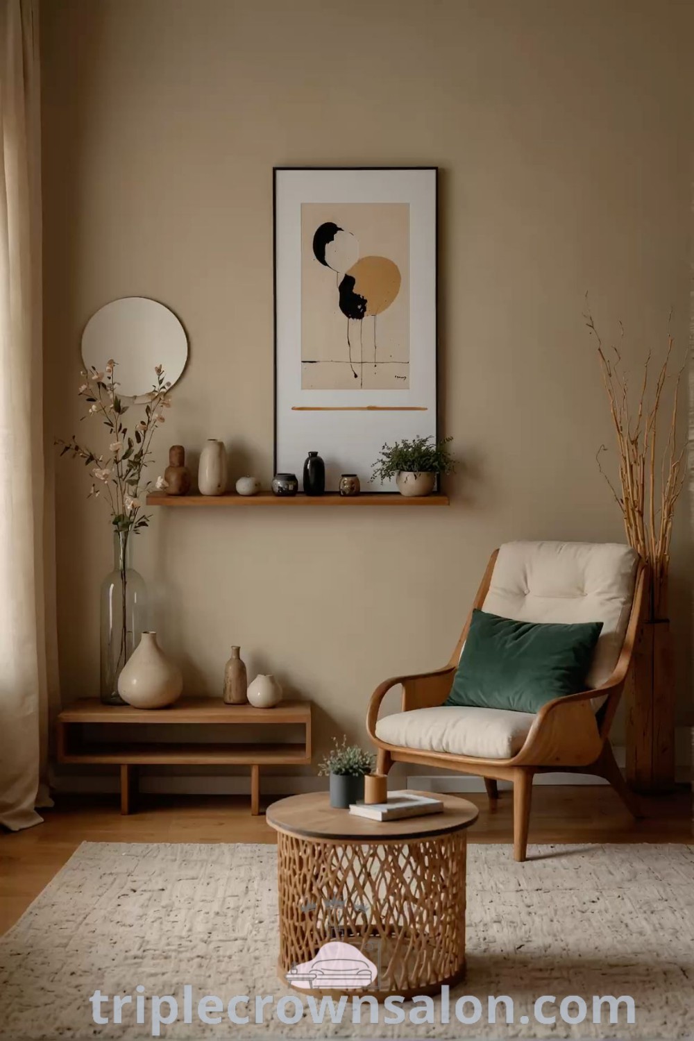 A cozy Japandi living room showcasing a chair, table, and pictures on the wall, embodying Scandi Japandi style and Wabi Sabi design trends. Discover unique decor ideas for a warm, inviting space at triplecrownsalon.com.
