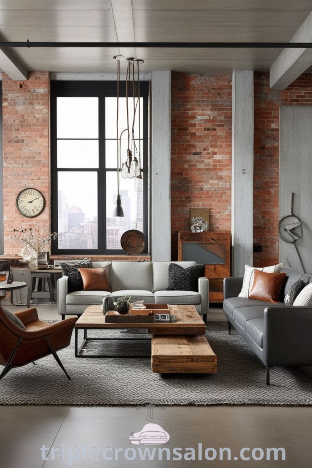 An industrial living room filled with stylish furniture, lots of natural light from windows, and a tall brick wall, highlighting modern urban interior design. This decor offers cozy ideas and unique inspirations for your home. Discover more design ideas at triplecrownsalon.com.