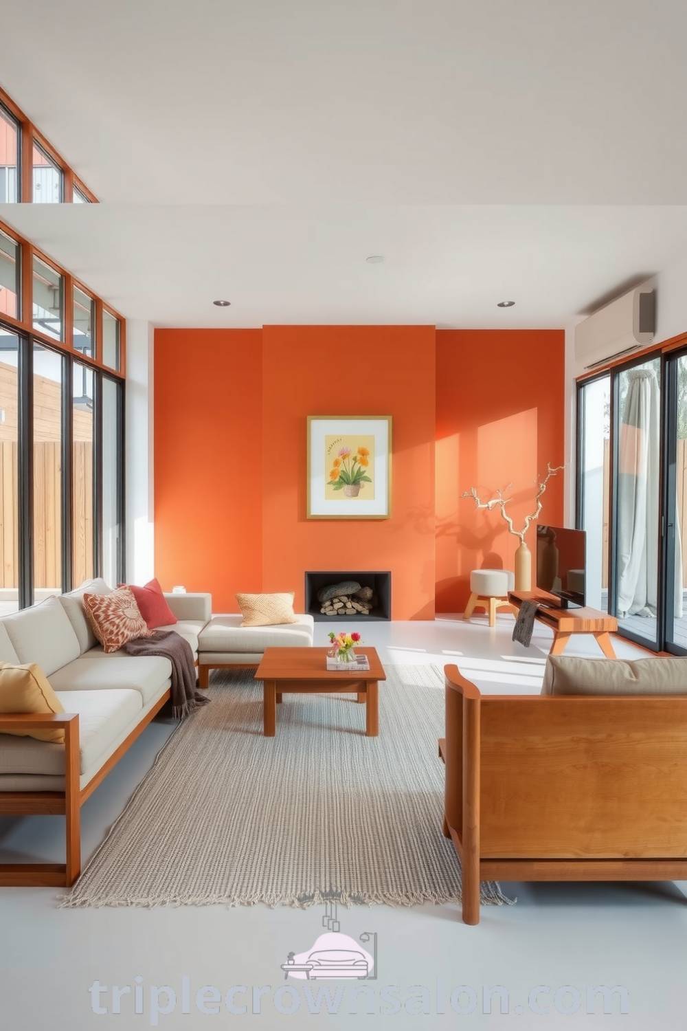 Japandi living room with earthy tones of orange and beige, handcrafted wooden furniture, a handwoven rug, and large windows allowing soft afternoon light, offering cozy ideas and inspiring decor ideas for small spaces at triplecrownsalon.com.