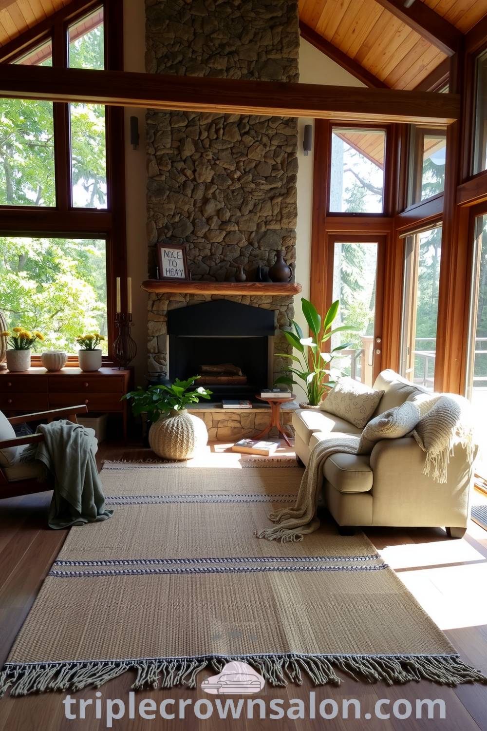 Nature-inspired living room featuring large windows, warm wooden furniture, potted plants, and a stone fireplace, creating a cozy aesthetic with earthy tones and inviting decor ideas for your home. Visit triplecrownsalon.com for more inspiring design tips.