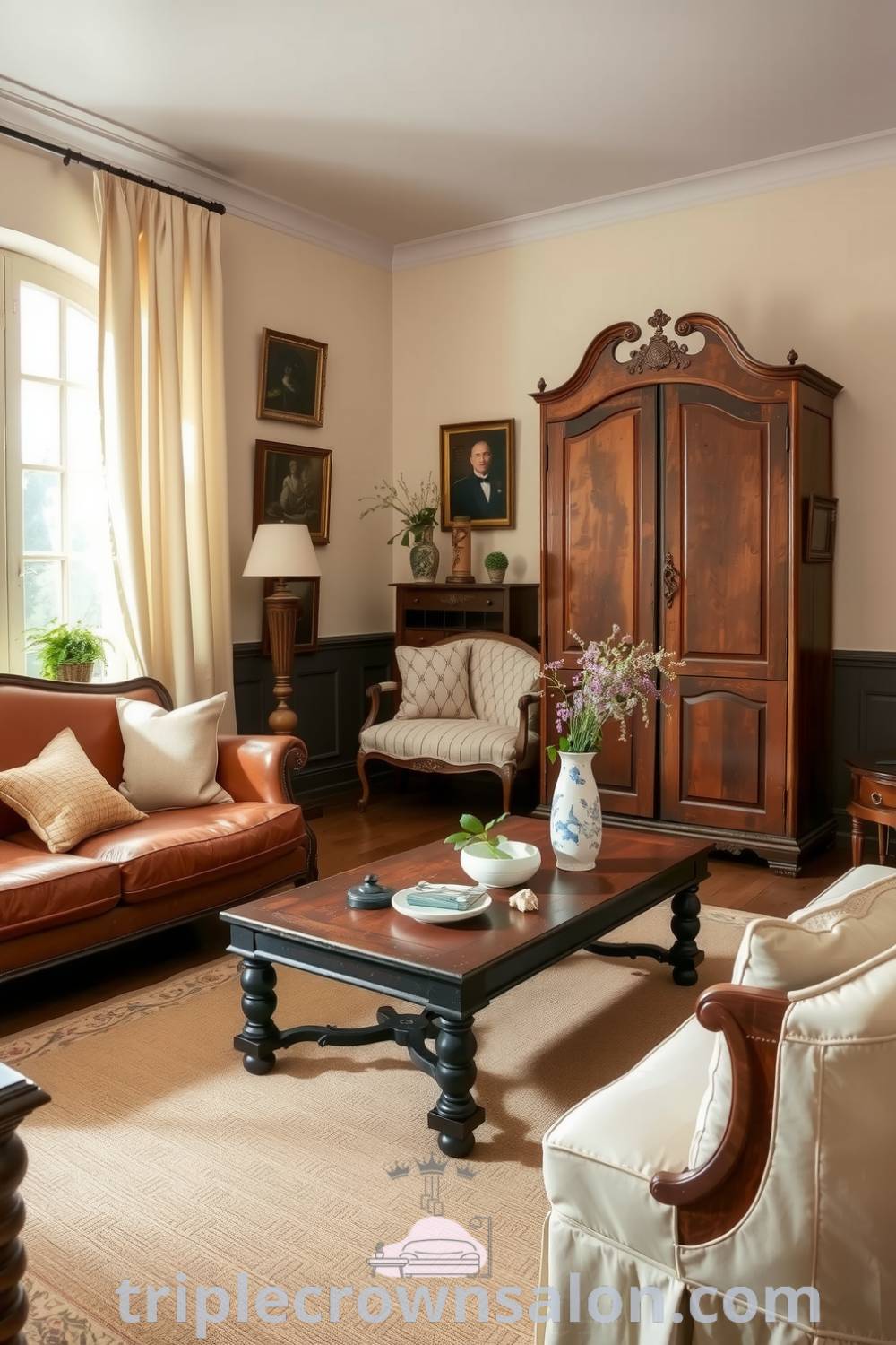 Charming French living room with muted pastel walls, antique furniture including a worn leather sofa and rustic coffee table, fresh wildflowers in porcelain vases, and a cozy atmosphere ideal for relaxation. Visit triplecrownsalon.com for cozy home design ideas and inspirations.
