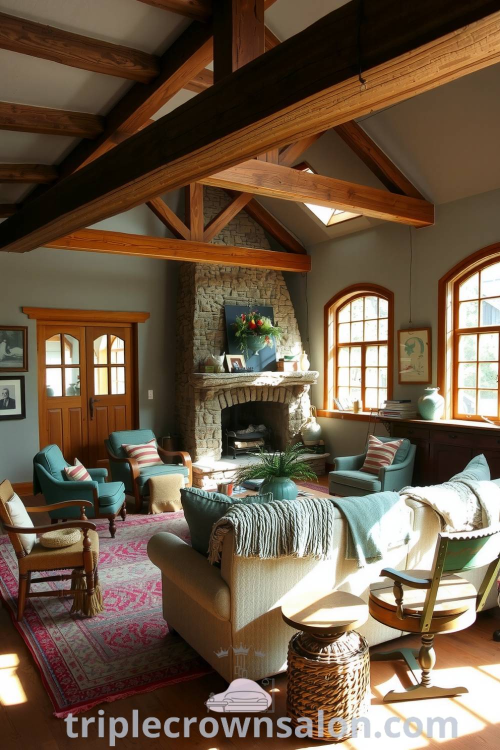 Rustic living room with grey-hued walls, weathered wooden beams, a chunky stone fireplace, a plush sofa with knitted throws, and mismatched chairs, creating a cozy and inviting atmosphere perfect for relaxation. Visit triplecrownsalon.com for creative cozy ideas and decor inspirations for your home.