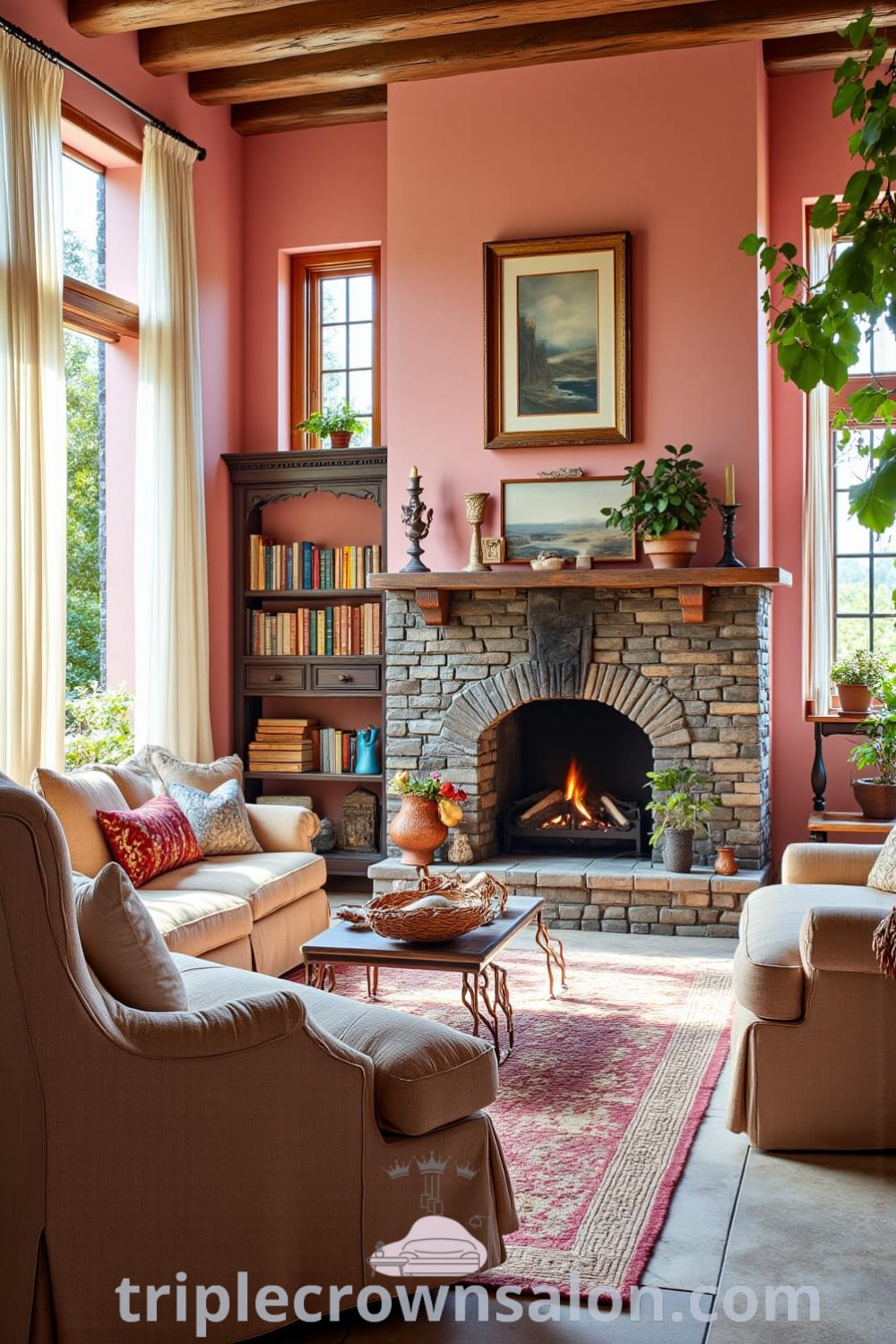 Cozy rustic living room featuring warm pink walls, a large stone fireplace, weathered wooden furniture, inviting cushions, a handwoven rug, and carefully chosen plants, offering cozy ideas and inspiring decor ideas for your home, found at fireplacesandwoodstoves.com.