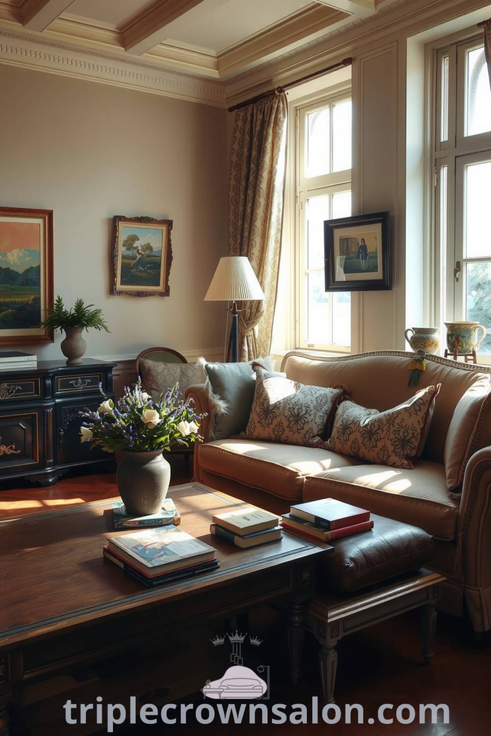 Cozy French living room with warm atmosphere, soft fabrics, rich wooden floors, vintage art, overstuffed sofa, patterned cushions, and earthy vase with fresh flowers, showcasing cozy ideas and inspiring decor ideas for your home at triplecrownsalon.com.