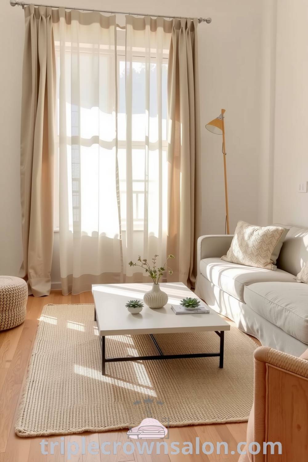 Minimalist Japandi living room featuring soft beige tones, sheer linen curtains, a low coffee table with succulents, a woven rug, plush pillows, and a handcrafted vase, creating a cozy and serene atmosphere. Visit triplecrownsalon.com for inspired decor ideas.