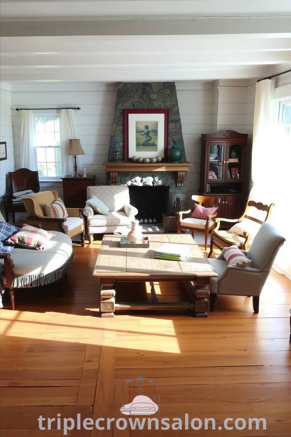 Cozy living room with white-washed walls, honey-toned wooden floors, mismatched chairs, and a stone fireplace, showcasing warm decor inspirations and inviting design ideas for your home, featured on fireplacesandwoodstoves.com.