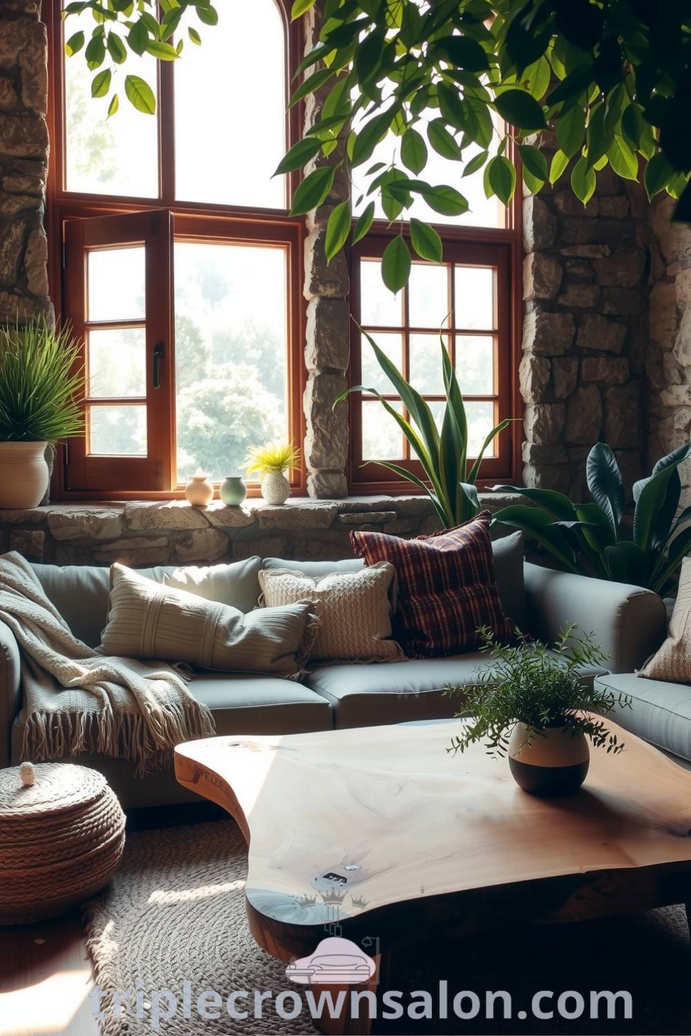 Cozy nature-inspired living room with stone walls, wooden coffee table, plush sofa, and warm sunlight filtering through large windows, creating a serene atmosphere reminiscent of a forest retreat; ideal for decor inspirations and ideas for your home. Visit triplecrownsalon.com for more design tips.