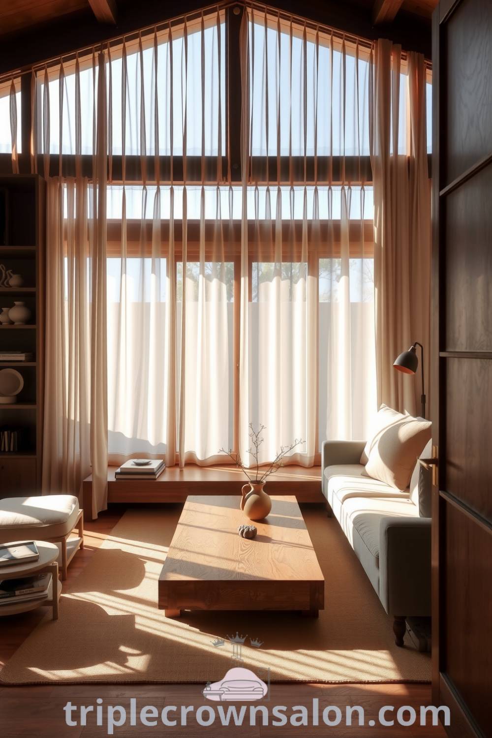 Japandi living room with rich wooden accents, neutral textiles, a minimalist coffee table, soft natural light, and greenery in a ceramic pot, creating a calming and inviting atmosphere suitable for cozy home decor ideas at triplecrownsalon.com.