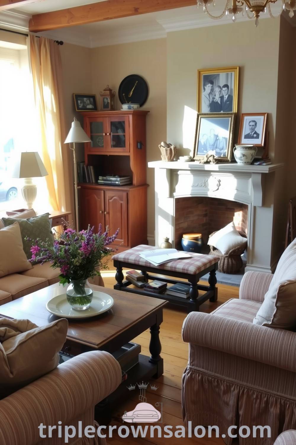 Cozy French living room featuring soft earthy tones, aged wooden floors, overstuffed sofas in vintage textiles, a rustic coffee table with wildflowers, and a stone fireplace with family photos. Visit triplecrownsalon.com for inspiring decor ideas for your home.