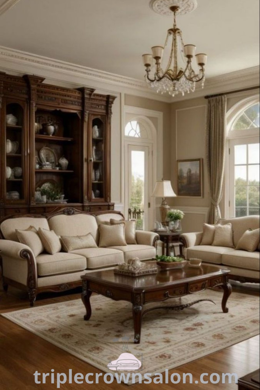 A cozy traditional family room with elegant furniture, classic wall decor, and inviting design elements, creating a warm space for family gatherings. This decor offers inspiring ideas for your home, blending modern comfort with traditional charm. Explore more unique ideas at triplecrownsalon.com.