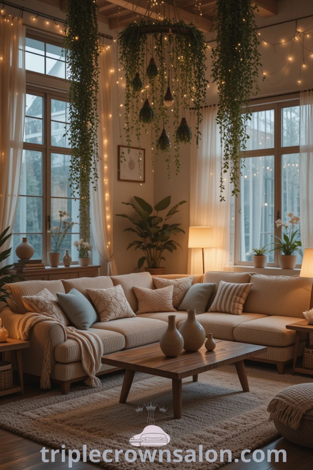 A cozy living room filled with an array of plants, furniture, and rustic decor, showcasing a plant and wood aesthetic ideal for slow living. This inviting space offers decor ideas for small apartments and inspirations for a calming atmosphere. Discover more unique ideas at triplecrownsalon.com.