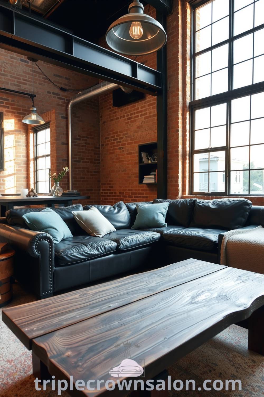 Cozy industrial living room with black metal accents, exposed brick walls, oversized leather sofa, warm natural light from large windows, and reclaimed wood coffee table, offering unique ideas for your home decor at triplecrownsalon.com.