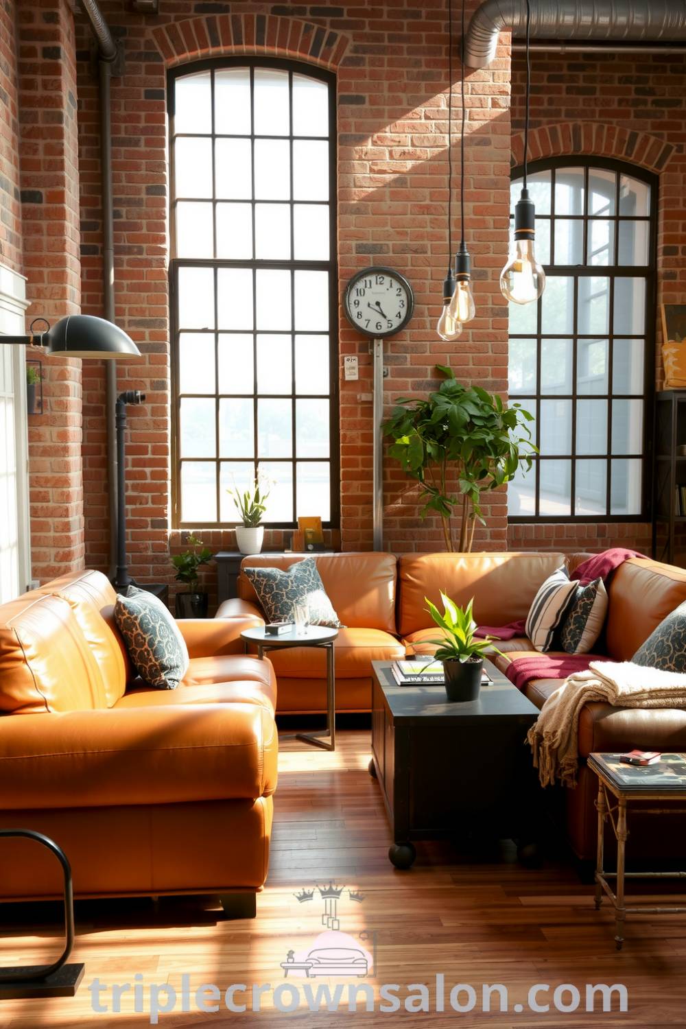 Industrial living room with warm brown leather sofas, weathered brick walls, distressed metal accents, and sunlight filtering through muted windows, featuring potted plants, showcasing cozy design ideas for your home at triplecrownsalon.com.